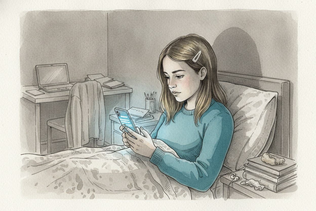 Abendliches Jugendzimmer, ein Mädchen im Bett, das Gesicht vom Display beleuchtet, im Chat läuft eine Nachricht nach der anderen ein.