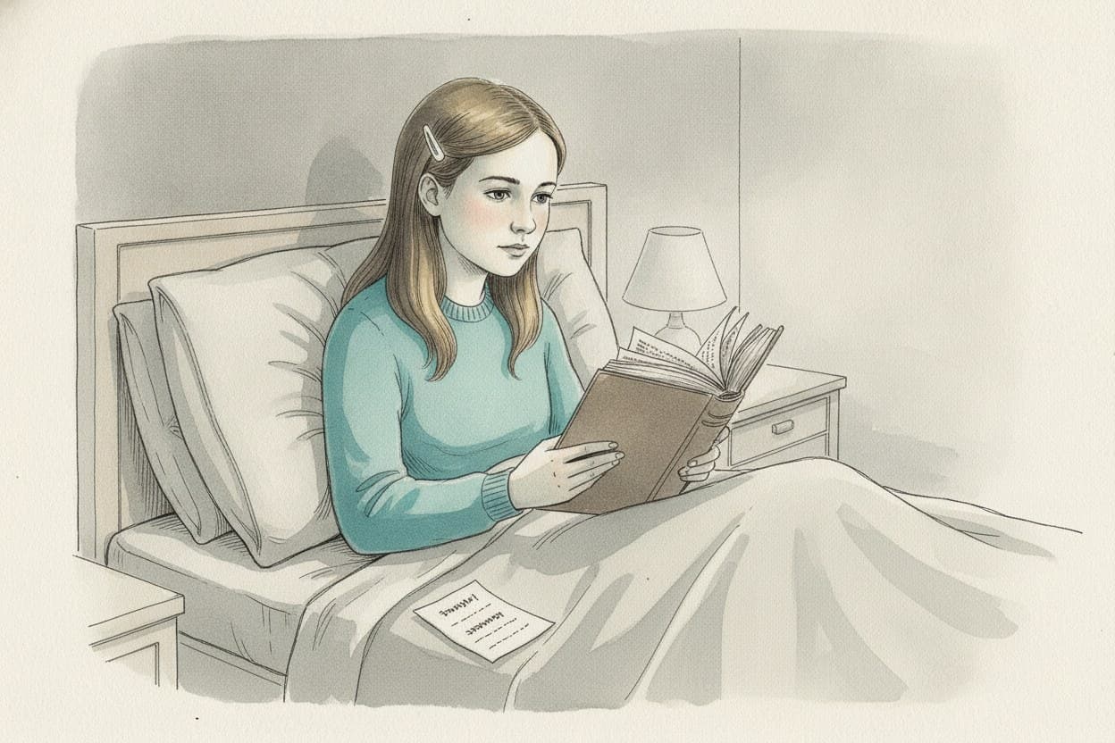 Ein Mädchen liest im Bett in einem dicken Buch mit vielen Eselsohren, daneben ein Zettel mit drei Wörtern.