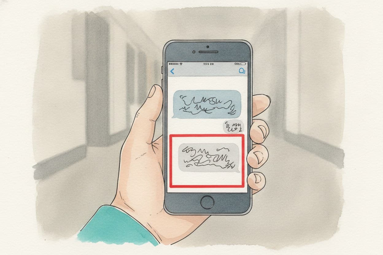 Handy-Display, ein Chatverlauf mit zwei Nachrichten untereinander; die zweite ist rot markiert und lautet sinngemäß, es sei ein Zitat aus einer Serie.