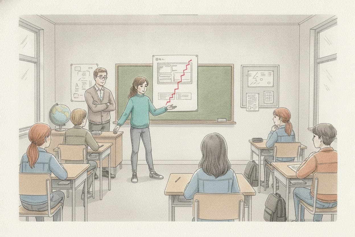 Klassenzimmer, ein Mädchen steht vorn und spricht, an der Tafel hängt ein ausgedruckter Screenshot mit einer markierten Schnittkante.
