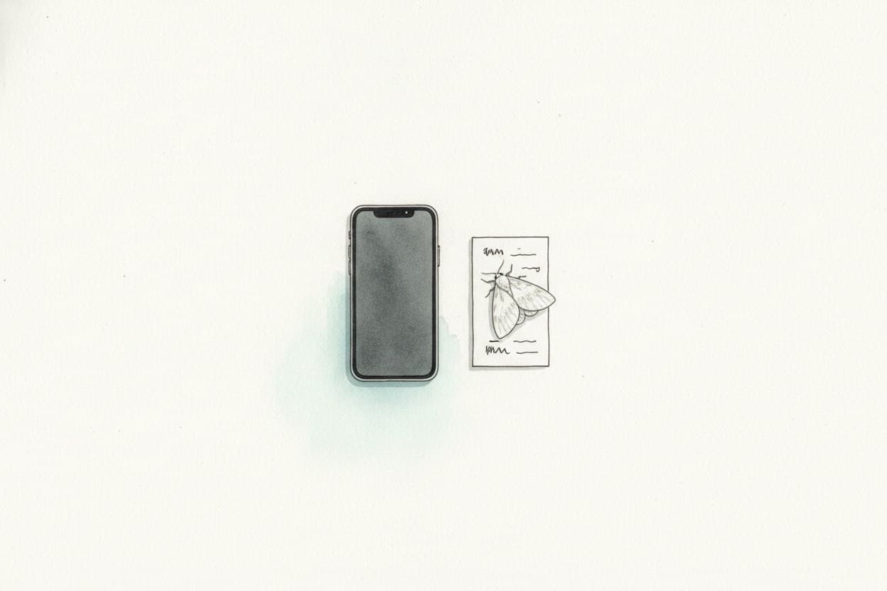 Sehr helle, fast leere Seite: ein Handy liegt mit dem Display nach unten, daneben ein Zettel mit drei untereinander geschriebenen Wörtern; auf dem Zettel sitzt ein blasser, fast weißer Falter.