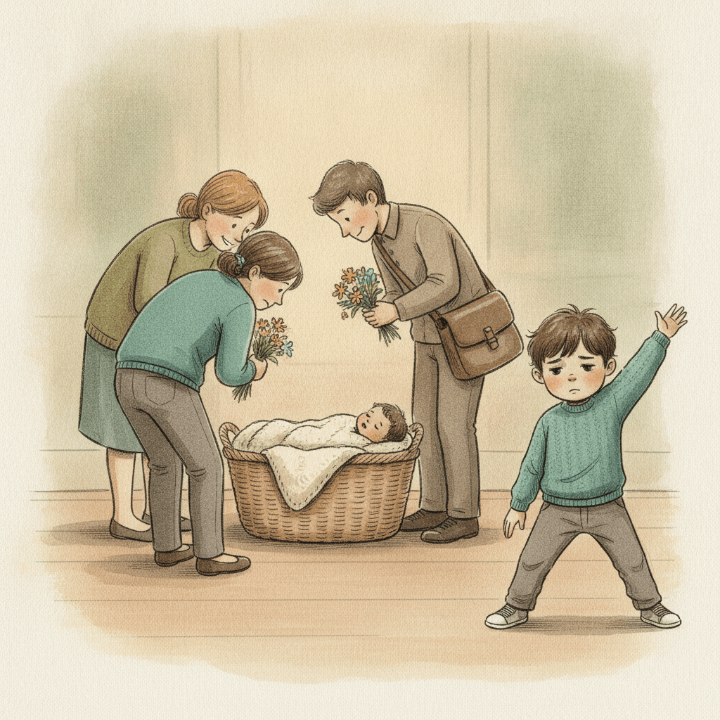 Querformat 3:2; Aquarell und Tinte, Federlinie, Pinselspuren, Papierkorn; gedämpfte Erdtöne, EIN Akzent: petrolblauer Pullover. Anton-Anker. Lotte-Anker: neugeborenes Baby, zarter dunkler Haarflaum, cremeweiße Wolldecke. Mama- und Papa-Anker wie zuvor. Szene: Ein Weidenkörbchen in der Bildmitte, darüber gebeugt Mama, Papa, eine Nachbarin mit Blumen und ein Briefträger mit Tasche – ein dichter Kranz aus Rücken und zugewandten Gesichtern, alle Blicklinien laufen ins Körbchen. Anton steht rechts außen im Vordergrund, mitten in einer Hampelmann-Bewegung, die schon erlahmt, ein Arm noch oben. Niemand sieht zu ihm. Zwischen ihm und der Gruppe deutlich leerer Bildraum.