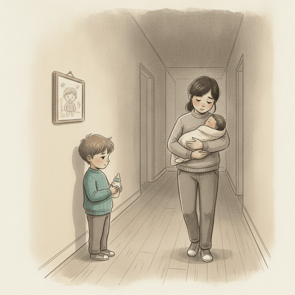 Querformat 3:2; Aquarell und Tinte, lockere Federlinie, Pinselspuren, Papierkorn; gedämpfte, leicht ins Graue kippende Erdtöne, EIN Akzent: petrolblauer Pullover. Anton-Anker. Mama-Anker mit Lotte-Anker auf dem Arm. Szene: Ein Flur; Mama geht mit Lotte auf dem Arm an Anton vorbei, das Gesicht müde dem Baby zugewandt. Anton steht vor der Wand und hält ein Babyfläschchen in beiden Händen, halb abgewandt, verlegen. An der Wand hängt ein kleines gerahmtes, verblasstes Kinderbild, leicht schief – Anton und das unbeachtete Bild hängen auf gleicher Höhe nebeneinander (stiller Bild-Kommentar, KEIN Text dazu). Fahles Nachmittagslicht.