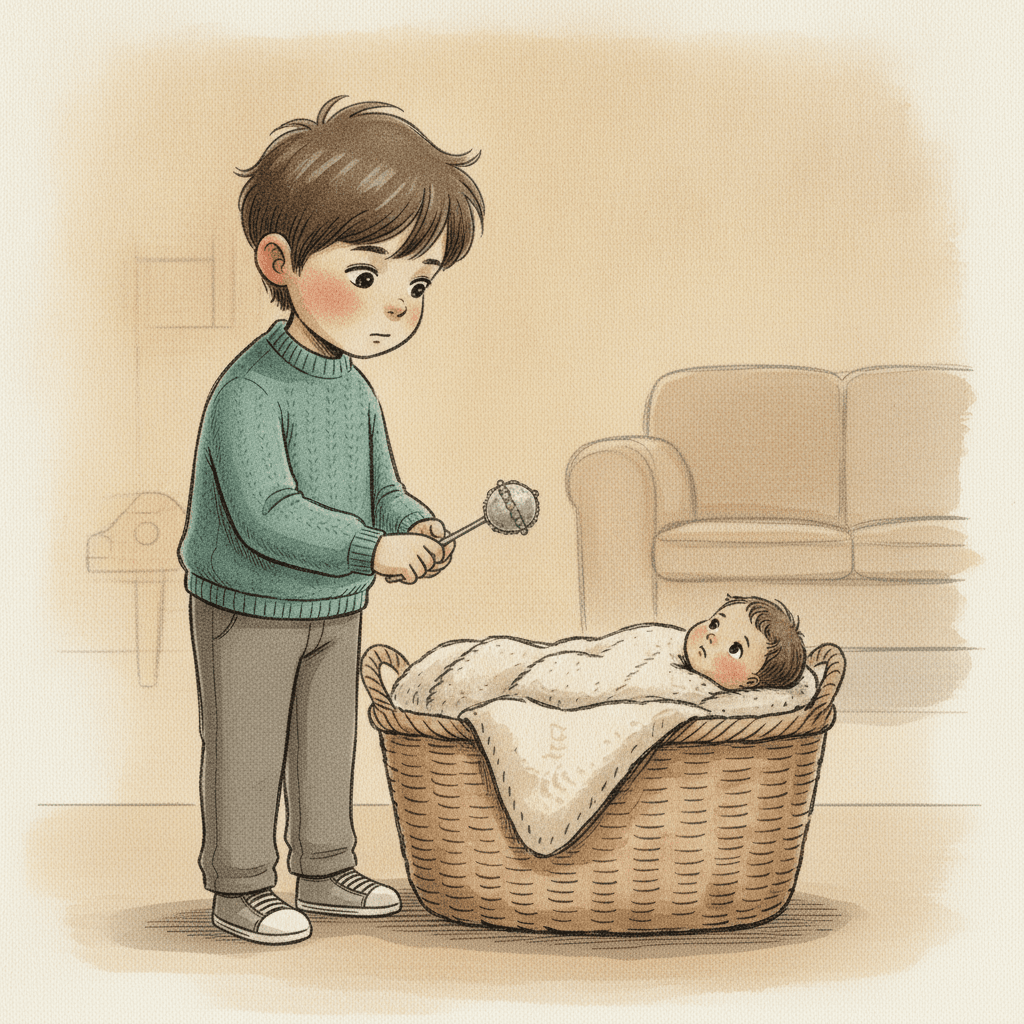 Querformat 3:2; Aquarell und Tinte, Federlinie, Pinselspuren, Papierkorn; Abendlicht, gedämpfte warme Töne, EIN Akzent: petrolblauer Pullover. Anton-Anker, Lotte-Anker (Baby im Körbchen, inzwischen einige Wochen alt, zerknittertes Quengel-Gesicht, das sich gerade glättet). Szene: Anton steht am Körbchen und schüttelt sacht die silberne Rassel über Lotte; sein Gesicht noch verlegen-heiß, die Ohren gerötet. Lotte hat zu weinen aufgehört und schaut mit runden dunklen Augen GENAU zu Anton hinauf – die einzige Blicklinie des Bildes läuft vom Baby zum Bruder. Kein Erwachsener im Bild. Der Moment, in dem sich das Buch dreht; still und groß.
