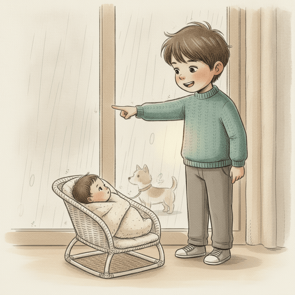 Querformat 3:2; Aquarell und Tinte, lockere Federlinie, Pinselspuren, Papierkorn; helleres Tageslicht, Regen vor dem Fenster als feine Tuschestriche, gedämpfte Töne, EIN Akzent: petrolblauer Pullover. Anton-Anker, Lotte-Anker (Baby in der Wippe am Fenster). Szene: Anton steht am Fenster und zeigt mit ausgestrecktem Finger hinaus in den Regen; sein Gesicht ist lebendig, erzählend, zum ersten Mal wieder ganz hell – um seine Brust herum ein feiner warmer Lichtschein in der Tusche, wie ein leises inneres Leuchten. Lotte neben ihm schaut nicht aus dem Fenster, sondern auf IHN. Draußen unscharf ein kleiner Hund an der Leine. Anton ist hier zum ersten Mal die größte, aufrechteste Figur im Bild.