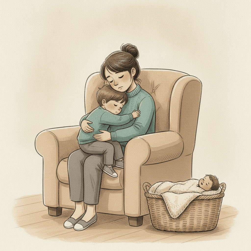 Querformat 3:2; Aquarell und Tinte, Federlinie, Pinselspuren, Papierkorn; gedämpftes, weiches Nachmittagslicht, EIN Akzent: petrolblauer Pullover. Anton-Anker, Mama-Anker (müde, dunkles gebundenes Haar), Lotte-Anker klein im Körbchen daneben. Szene: Anton sitzt auf Mamas Schoß im Sessel, etwas zu groß dafür, die Beine baumeln seitlich; Mama hat das Kinn auf seinen Haaren, die Augen geschlossen, beide Arme um ihn. Es ist sichtbar eng und sichtbar gut. Kein Triumph, kein Kitsch – nur ein Kind, das klein sein darf. Lottes Körbchen still am Rand.