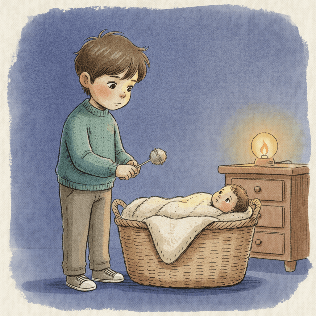 Querformat 3:2; Aquarell und Tinte, lockere Federlinie, sichtbare Pinselspuren, Papierkorn; tiefe blaue Dämmerung im Kinderzimmer, EIN Akzent: petrolblauer Pullover; das zentrale Licht ist ein kleines BRENNENDES Nachtlicht auf der Kommode, dessen warmer Schein Anton und das Körbchen umfängt – wie eine dritte, weiterbrennende Kerze (KEINE ausgeblasenen Kerzen im Bild). Anton-Anker, Lotte-Anker (schlafend im Körbchen). Szene: Anton steht allein am Körbchen und schaut hinein; Lotte schläft, sieht ihn nicht. Antons Gesicht ist ruhig und wach, zum Flüstern vorgebeugt. Viel stiller Bildraum um die beiden. Kein aufgelöstes Happy End – ein offener, warmer Atemzug.