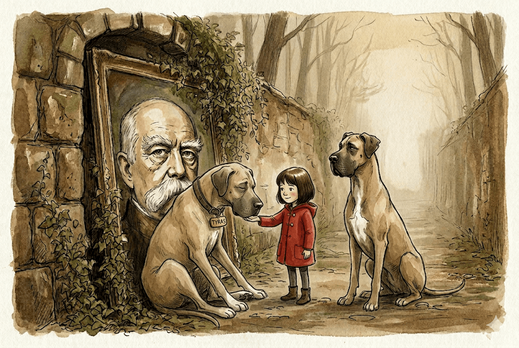 Querformat 3:2. Naher, zärtlich-warmer Moment mit einem leisen Hunde-Lacher. Jule (ca. 8, kinnlanges dunkelbraunes Haar, rote Jacke) streckt zögernd, ganz langsam eine Hand aus; Tyras (links, sandfarben-falbgrau, minimal dunkler, Messing-Schild, helle Socke) wollte sich gerade tollpatschig setzen und PLUMPST schwer und ungeschickt zu Boden – die Beine etwas verdreht, der schwere Kopf landet sanft mittig in Jules Handfläche, Augen geschlossen, völlig entspannt. Sultan (rechts, weißer Brustfleck, leicht geknicktes Ohr, ernst) sitzt weiter kerzengerade daneben und beobachtet. Goldenes Nachmittagslicht, leicht aus der Achse komponiert, viel offener Raum; die Geste groß und sinnlich ausgemalt. Hunde kalbsgroß, nicht pferdegroß. Stil: atmosphärisches Aquarell und Tinte, lockere Federlinie, sichtbare Pinselspuren und Papierkorn, körnig; gedämpfte warme Erdtöne, niedrige Sättigung mit EINEM gesättigten Akzent: Jules rote Jacke; gerichtetes streifendes Nachmittagsgold; seelenvolle Gesichter mit wenigen Linien, ruhig/ernst, keine Kulleraugen, kein Disney-Glanz, kein Vektor-/3D-/Render-Look.