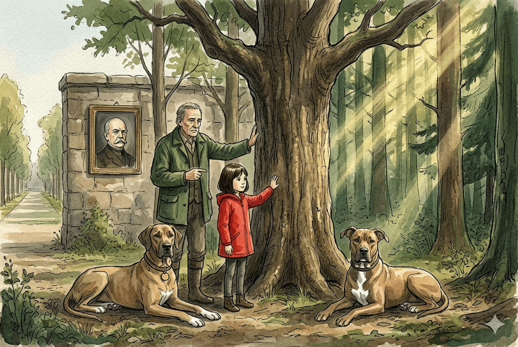 Querformat 3:2. Übergang vom Park in den Wald: links noch ein Streifen der Allee, in der – weil Jule einen Schritt zurückgetreten ist – das gerahmte Porträt an der Mauer wieder deutlicher zu sehen ist (Ortsverankerung), rechts beginnt tiefes Grün, schräge Lichtstrahlen durch Baumkronen, friedlich, leicht asymmetrisch, viel Luft. Jule (ca. 8, rote Jacke) und ein alter Förster stehen dort, wo der Park in Wald übergeht, zwischen jungen und alten Bäumen; der Förster zeigt auf eine mächtige Eiche, Jule legt die Hand auf den dicken, rauen Stamm. Die beiden Doggen liegen ruhig dabei: Tyras (Messing-Schild, helle Socke) links, Sultan (weißer Brustfleck, geknicktes Ohr) rechts, kalbsgroß. Bismarck NICHT verkörpert (nur das gerahmte Porträt links als Anker). Stil: atmosphärisches Aquarell und Tinte, lockere Federlinie, sichtbare Pinselspuren und Papierkorn, körnig; gedämpfte warme Erdtöne mit tiefem Salbei-/Waldgrün, niedrige Sättigung mit EINEM gesättigten Akzent: Jules rote Jacke; gerichtetes streifendes goldenes Waldlicht; seelenvolle Gesichter mit wenigen Linien, ruhig/ernst, keine Kulleraugen, kein Disney-Glanz, kein Vektor-/3D-/Render-Look.