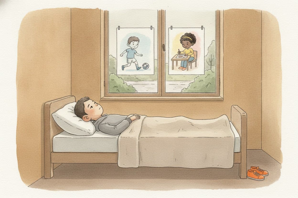 Bruno im Bett, Blick zur Decke, an der Wand hängen beide Zettel nebeneinander.