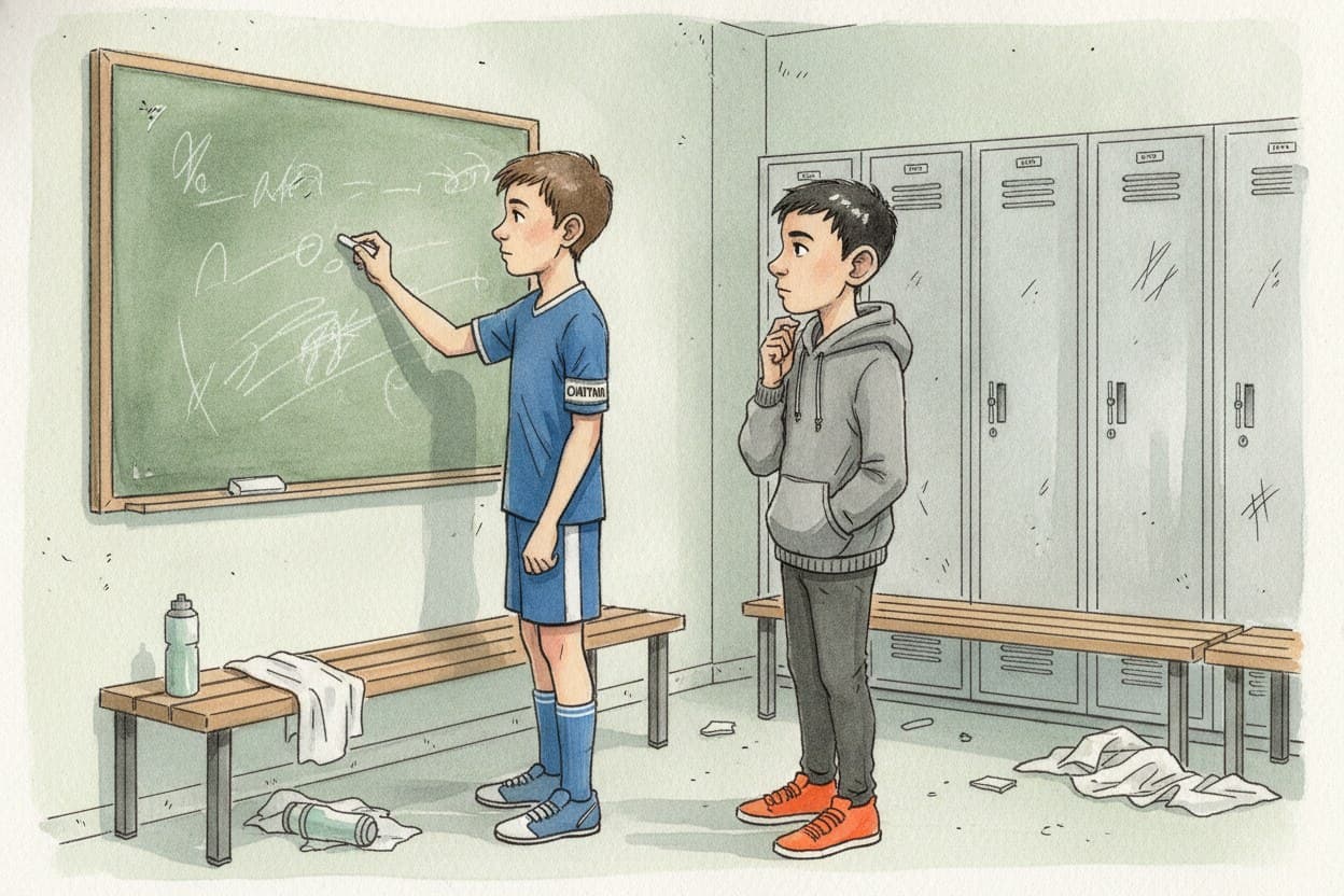 Umkleidekabine, der Mannschaftskapitän schreibt Namen auf eine Aufstellung, ein Junge sieht zu.