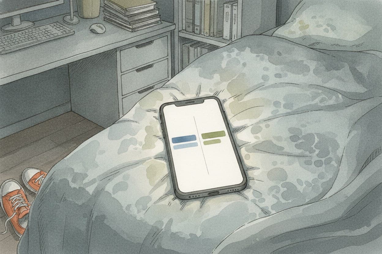 Jugendzimmer, ein Handy auf dem Bett zeigt zwei nebeneinanderliegende Kalendereinträge zur selben Uhrzeit.