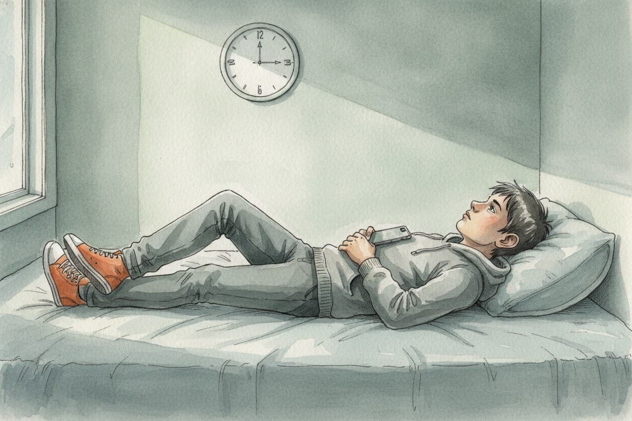 Ein Junge liegt angezogen auf dem Bett, das Handy auf der Brust, an der Wand die Uhr, es ist 15:05.