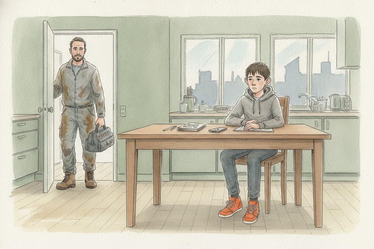 Vater und Sohn in der Küche, der Vater kommt in Arbeitskleidung herein, der Sohn sitzt am Tisch.