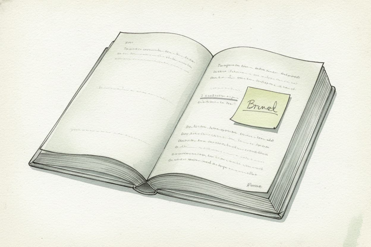 Nahaufnahme eines aufgeschlagenen Buchs, ein Satz ist mit Bleistift unterstrichen, daneben ein Klebezettel mit einem Wort.