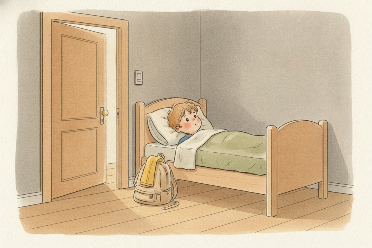 Emil im Bett, Augen schon offen, Rucksack steht fertig gepackt neben der Tür.