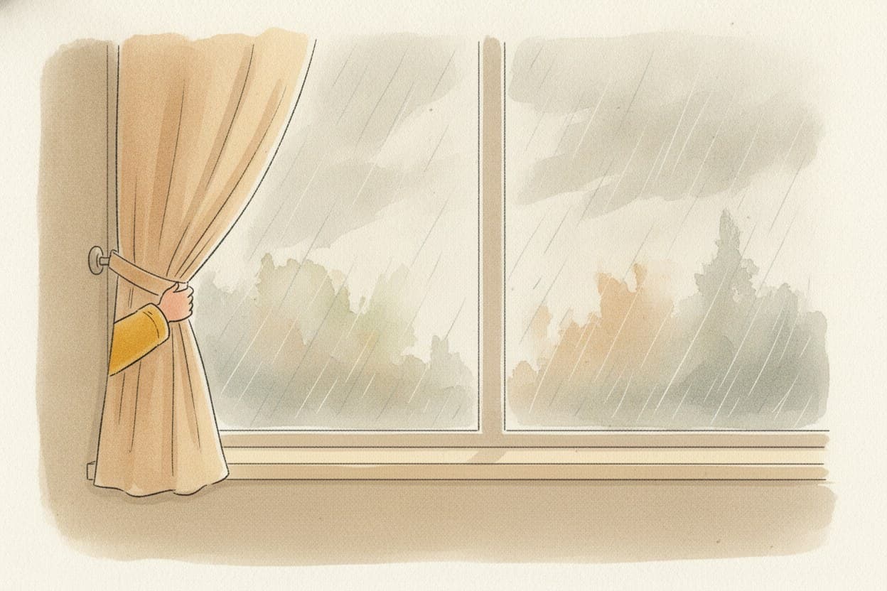Blick aus dem Küchenfenster: Regen läuft in Fäden über die Scheibe, draußen alles grau.