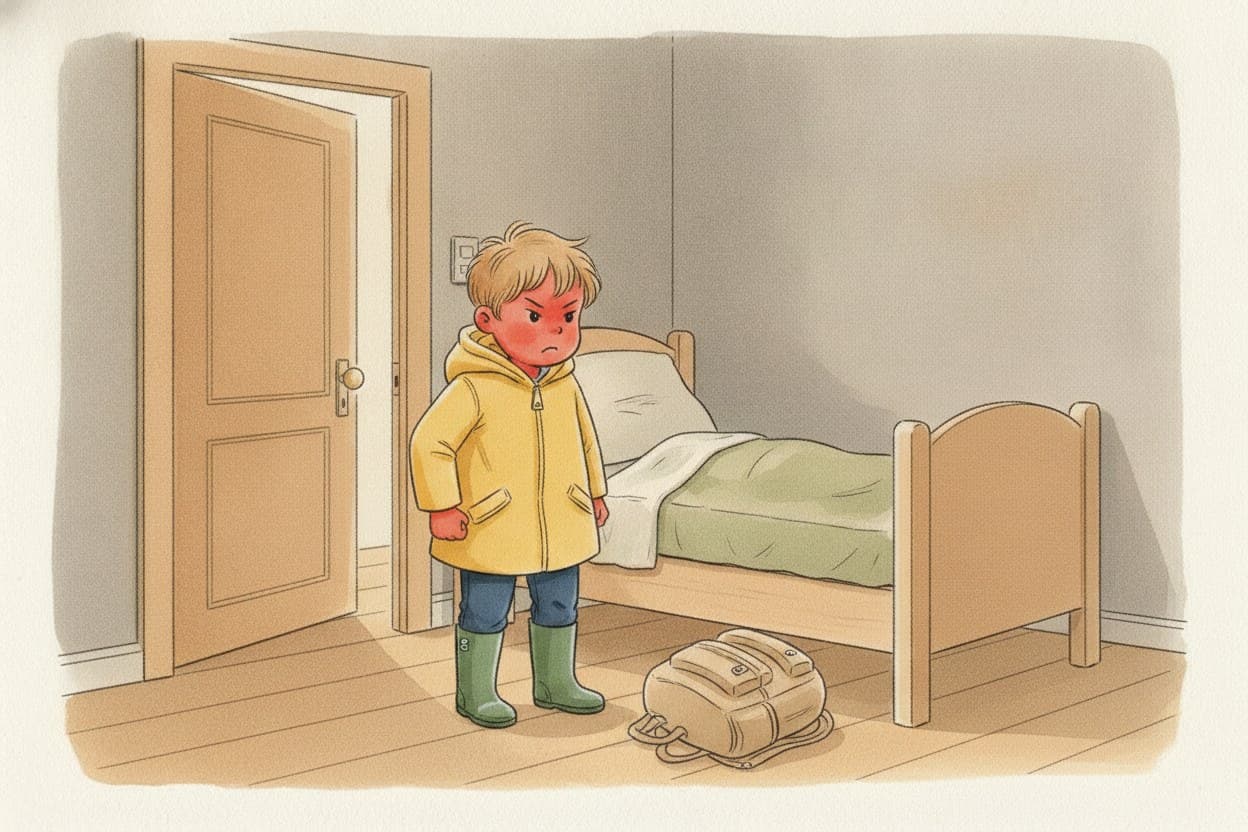 Emil mit rotem Kopf, Fäuste an der Hose, der Rucksack umgekippt.