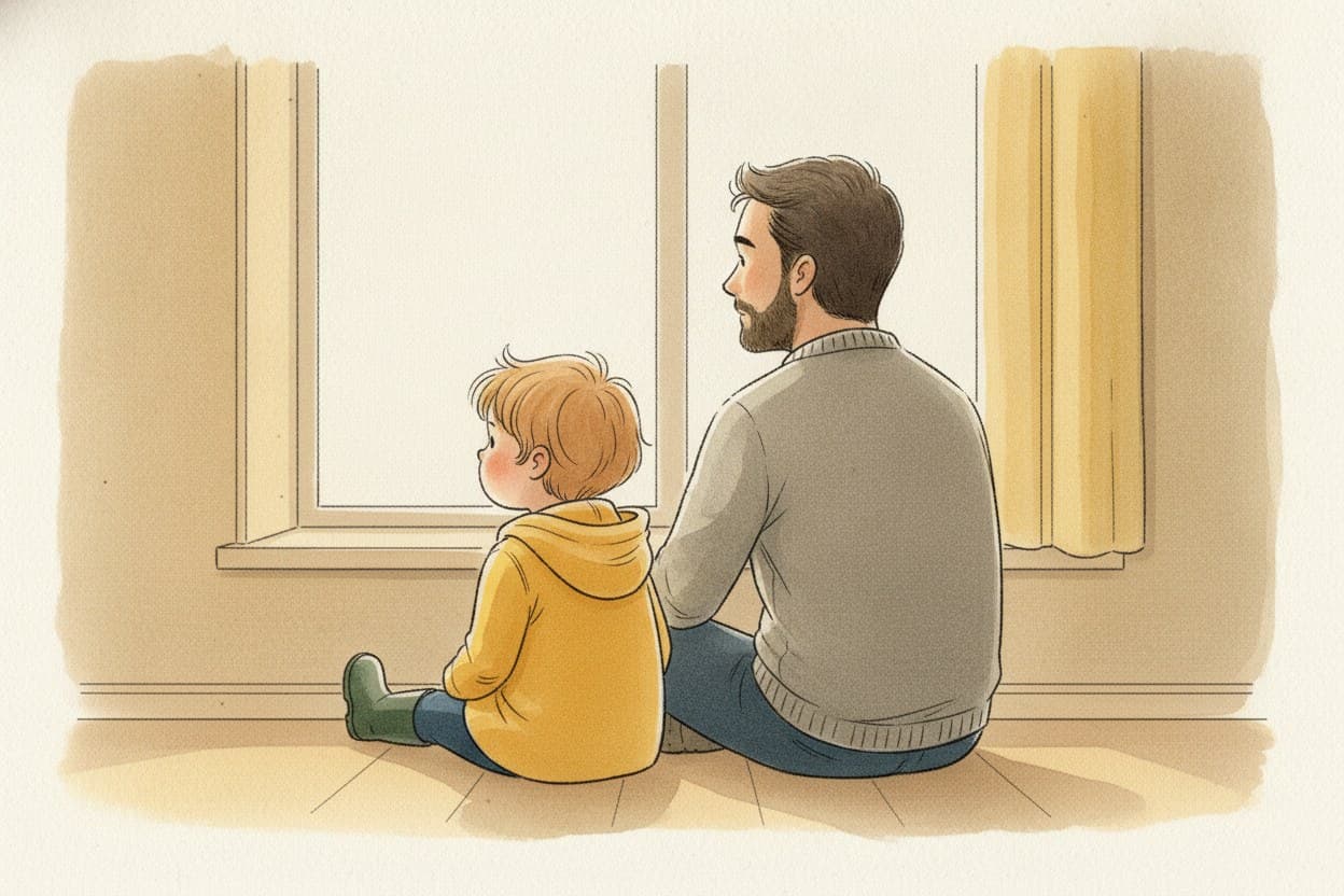 Der Vater hockt vor Emil, beide schauen aus dem Fenster, niemand lächelt.