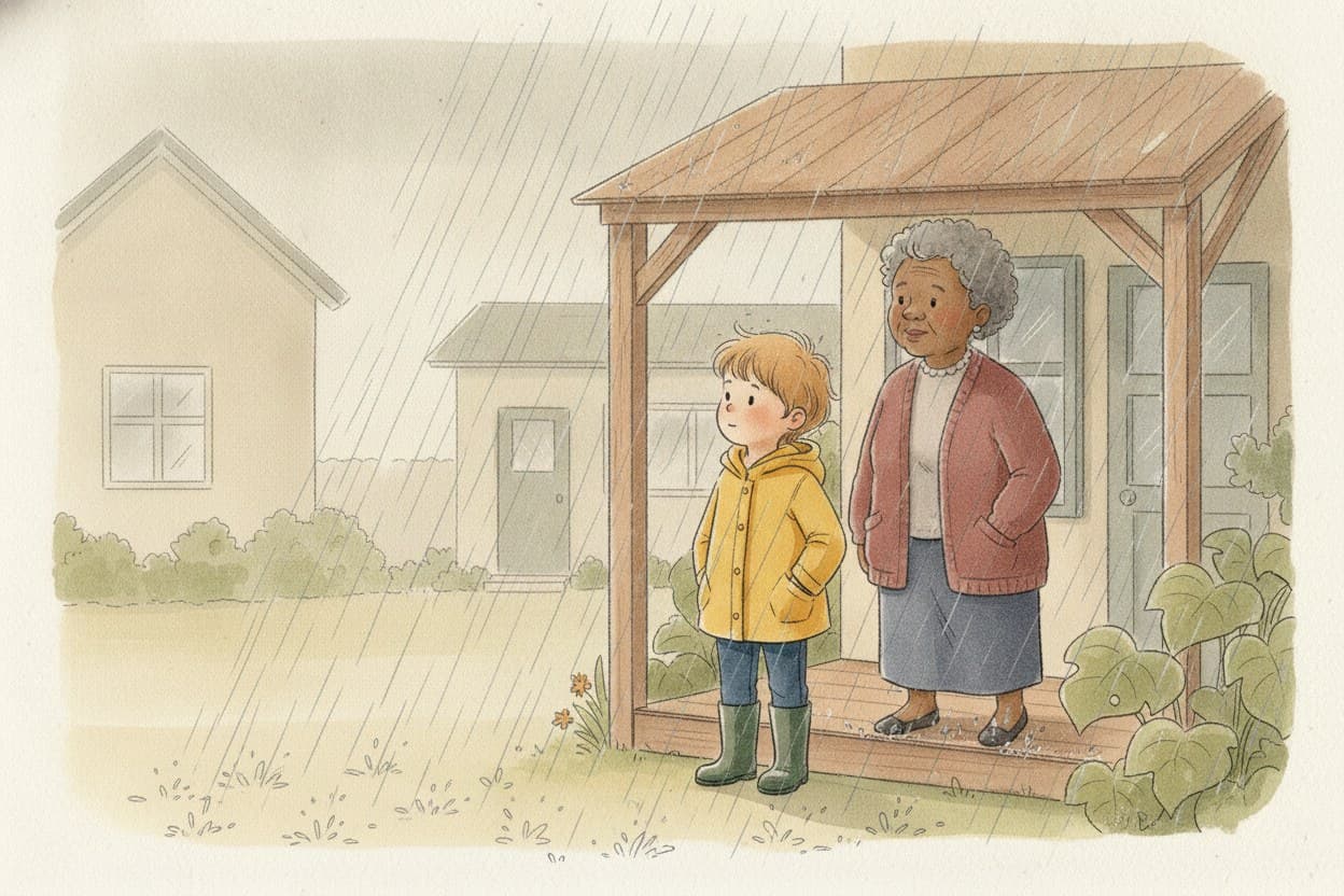 Emil und Frau Osei nebeneinander unter dem Vordach, Regen fällt zwei Schritte vor ihren Schuhen.