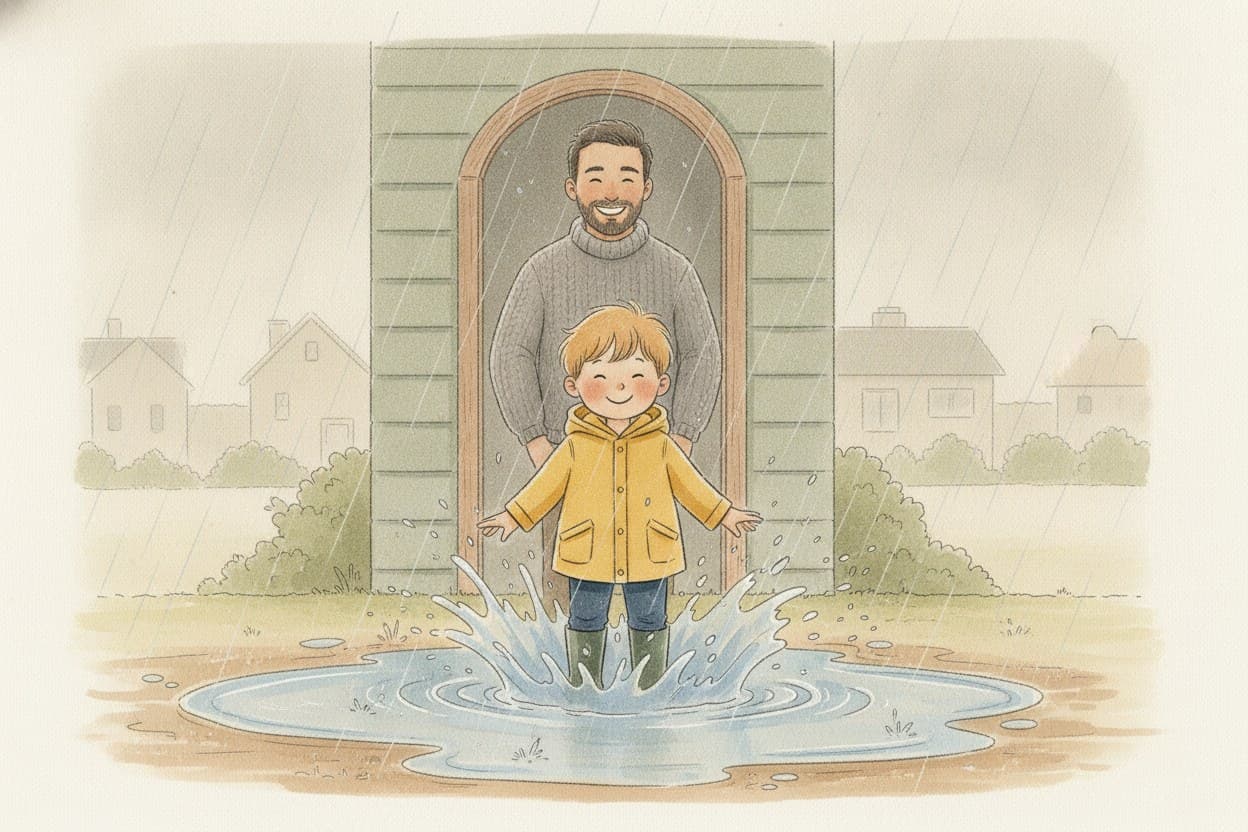 Emil in Gummistiefeln mitten in der größten Pfütze, Wasser spritzt bis zur Jacke, der Vater lacht im Türrahmen.