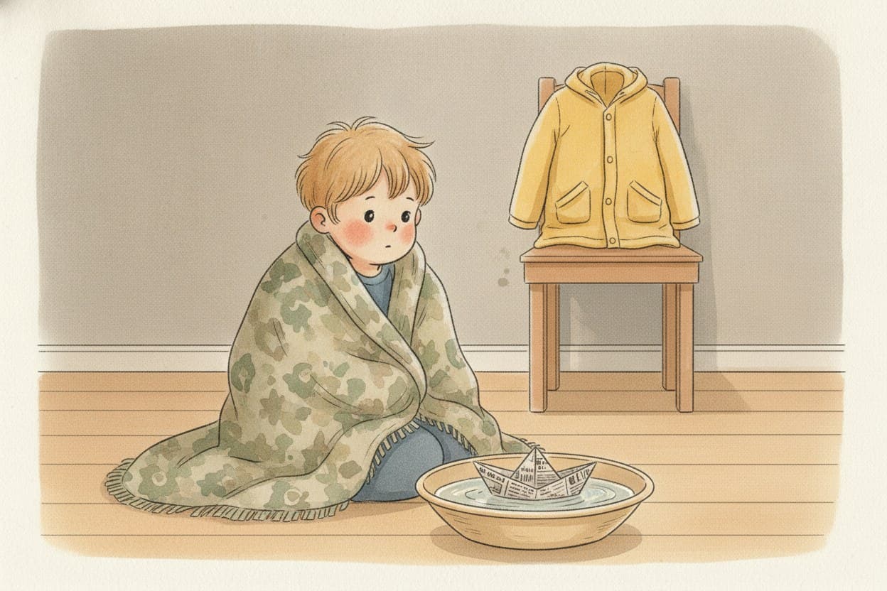 Abends: Emil, nasse Haare, Decke, am Boden ein aus Zeitungspapier gebautes Boot in einer Schüssel Wasser.
