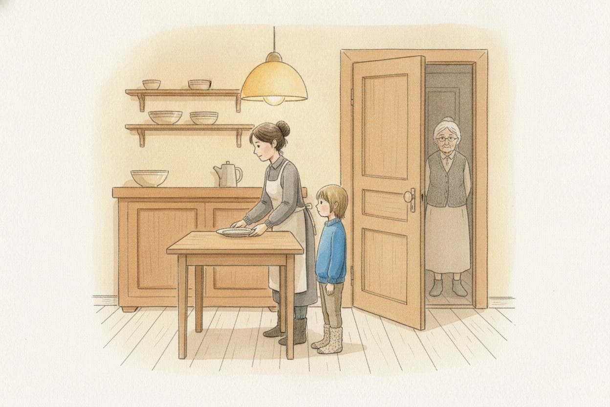Küche in Wiesengrund, Oma Veras Zimmertür halb offen, Iljas Mutter deckt den Tisch.