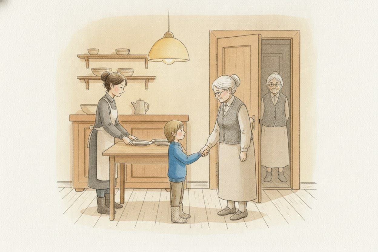 Morgens: Ilja verschlafen, gibt Oma Vera die Hand, verdreht dabei die Augen.