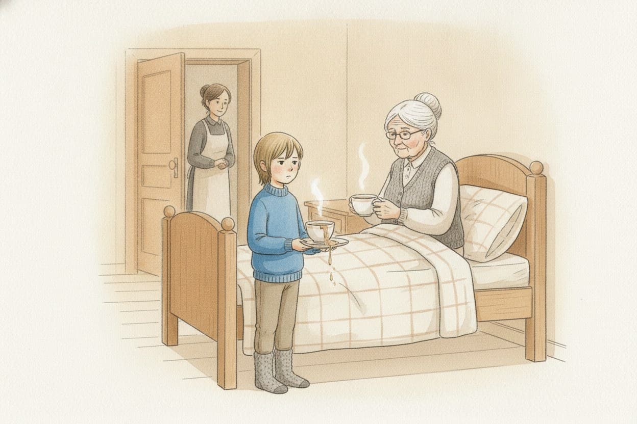 Ilja bringt widerwillig eine Tasse ans Bett, Tee schwappt, Oma Vera hält sie mit beiden Händen.