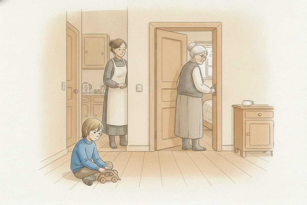 Ilja beim Spielen, im Hintergrund geht die Tür zu Oma Veras Zimmer zu.