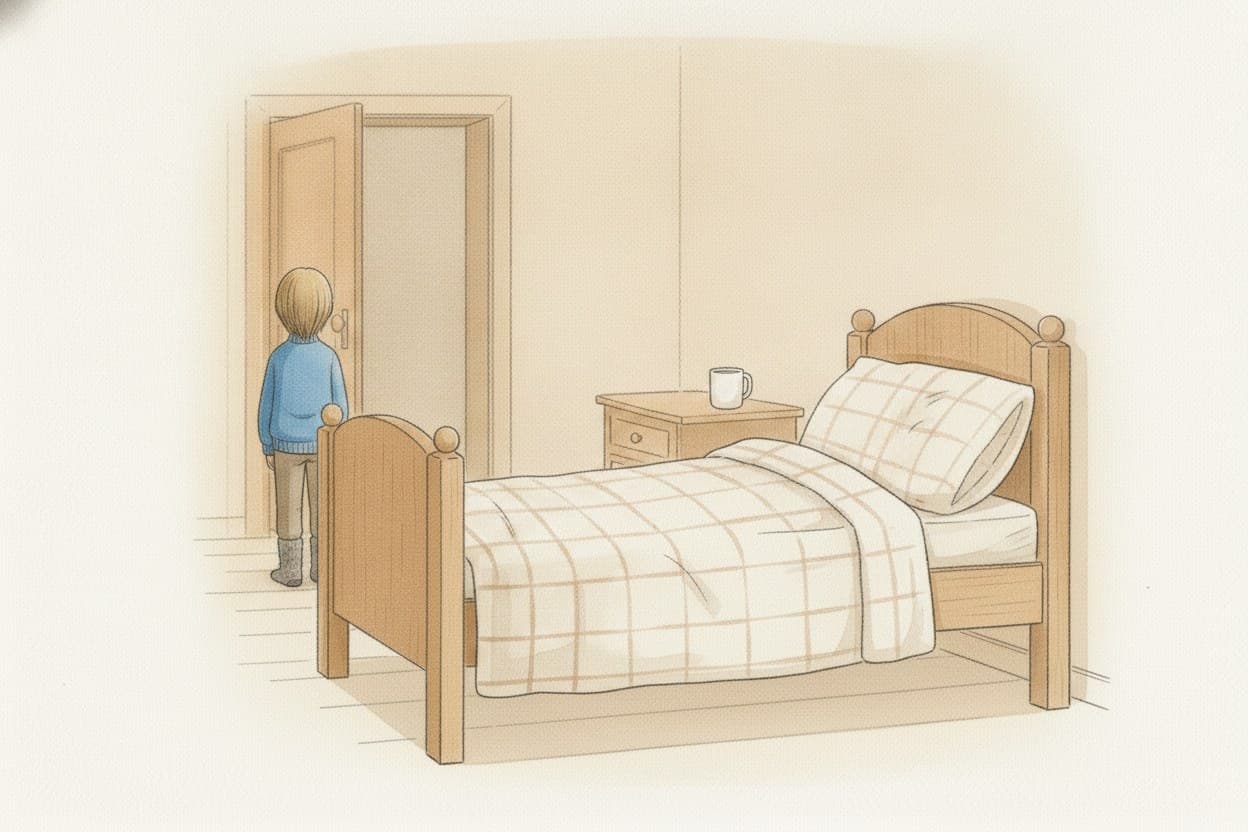 Leeres Zimmer, gemachtes Bett, die Tasse steht sauber und leer auf dem Nachttisch.