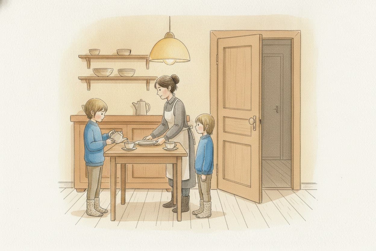 Ilja am Küchentisch, kocht mit der Mutter Tee, obwohl niemand da ist, zwei Tassen.