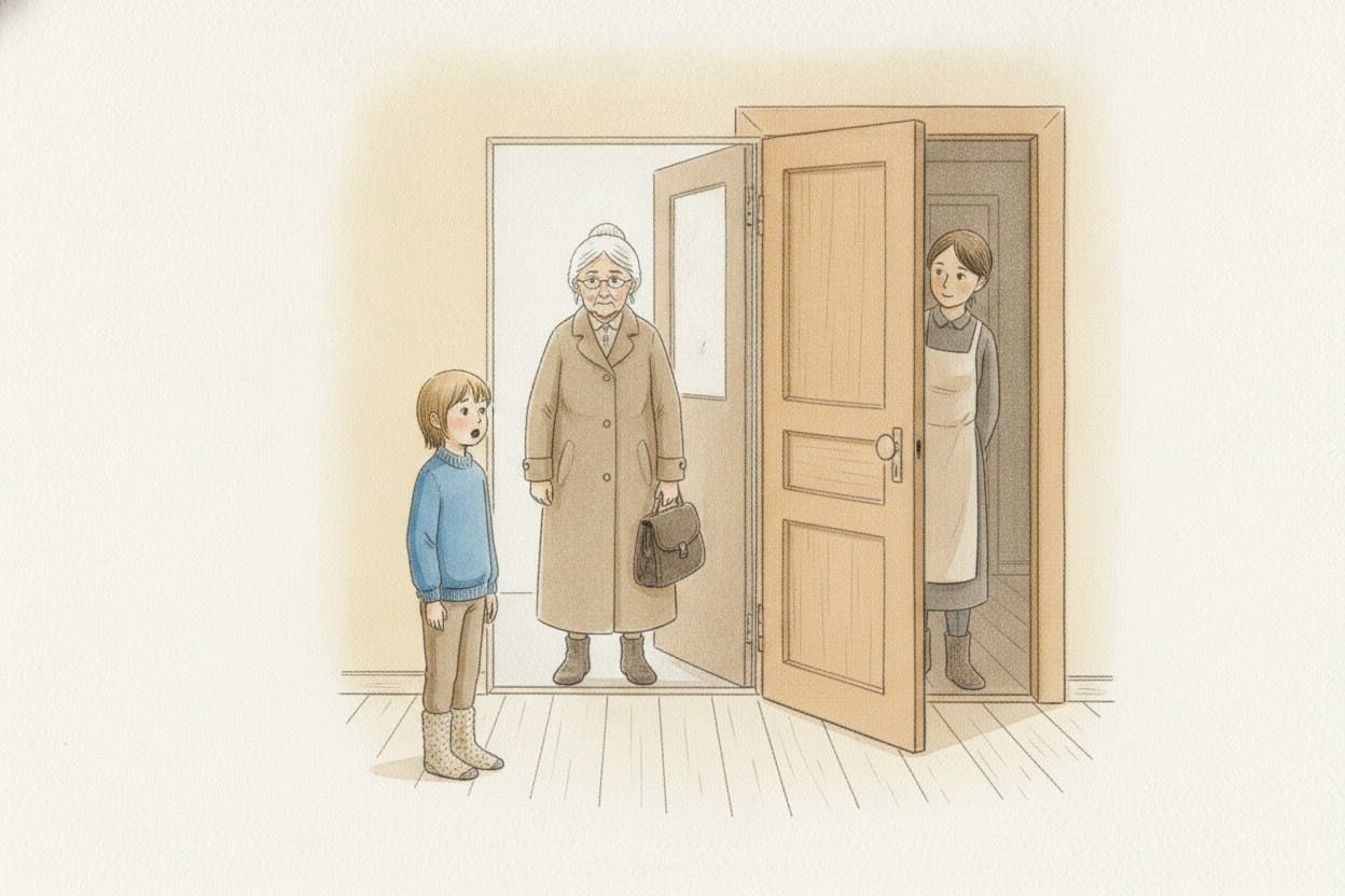 Oma Vera kommt zurück, Mantel, Tasche, an der Tür; Ilja steht davor und weiß nichts zu sagen.