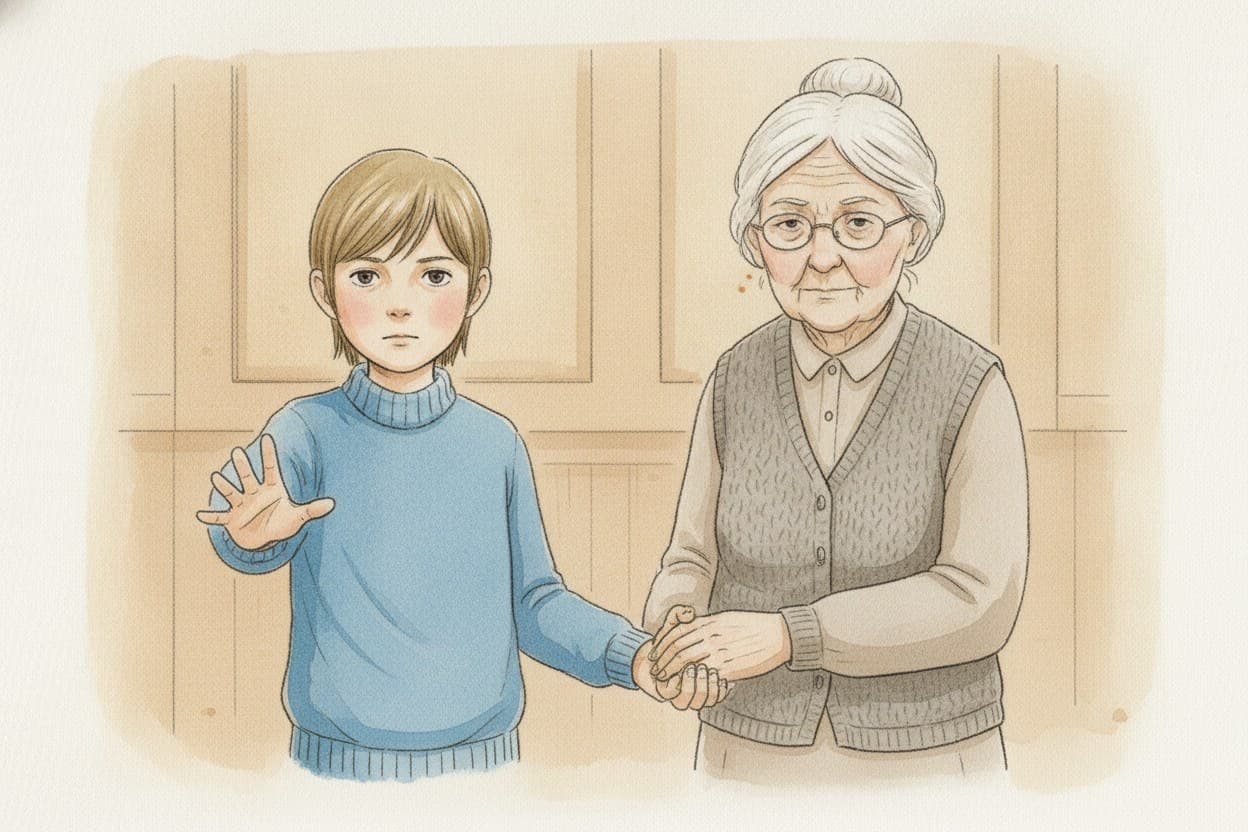 Ilja streckt die Hand aus, Oma Vera nimmt sie, beide schauen ernst.