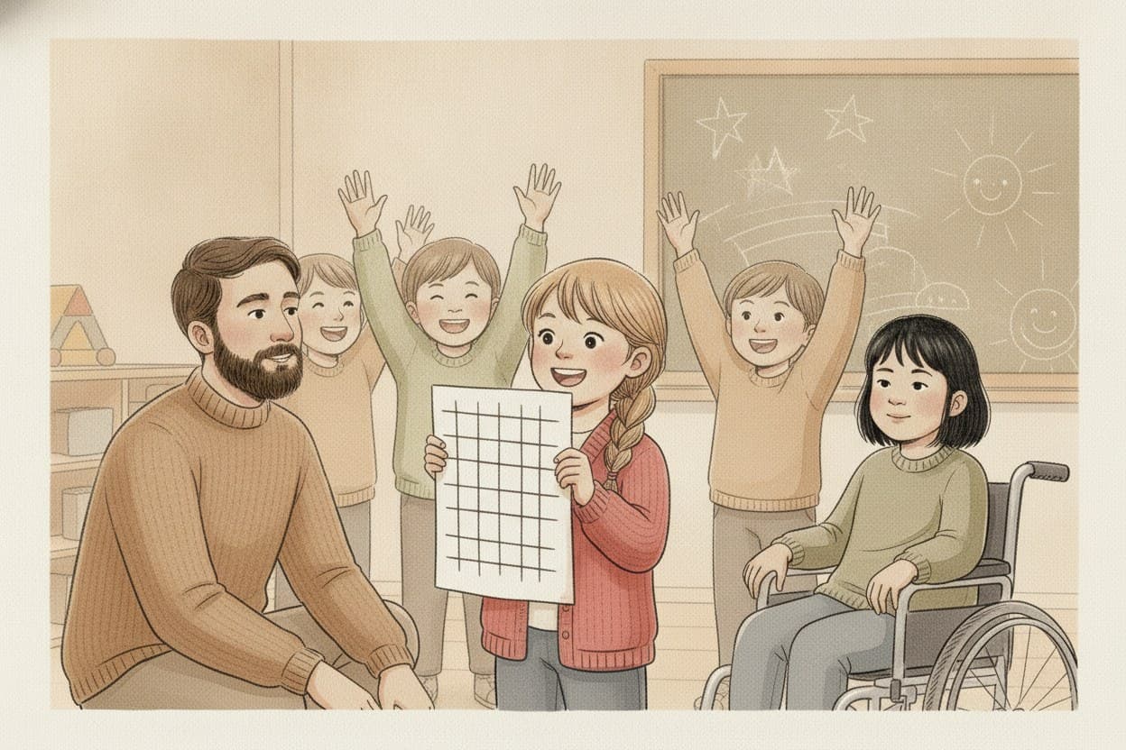 Jubel der anderen Kinder, Lene hält das Zählblatt hoch, Nima im Bildrand.