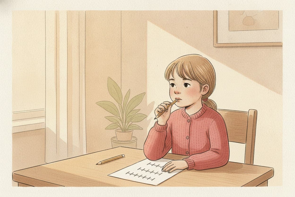 Nachmittag: Lene zu Hause, Zählblatt vor sich, Stift in der Hand, sie kaut darauf.
