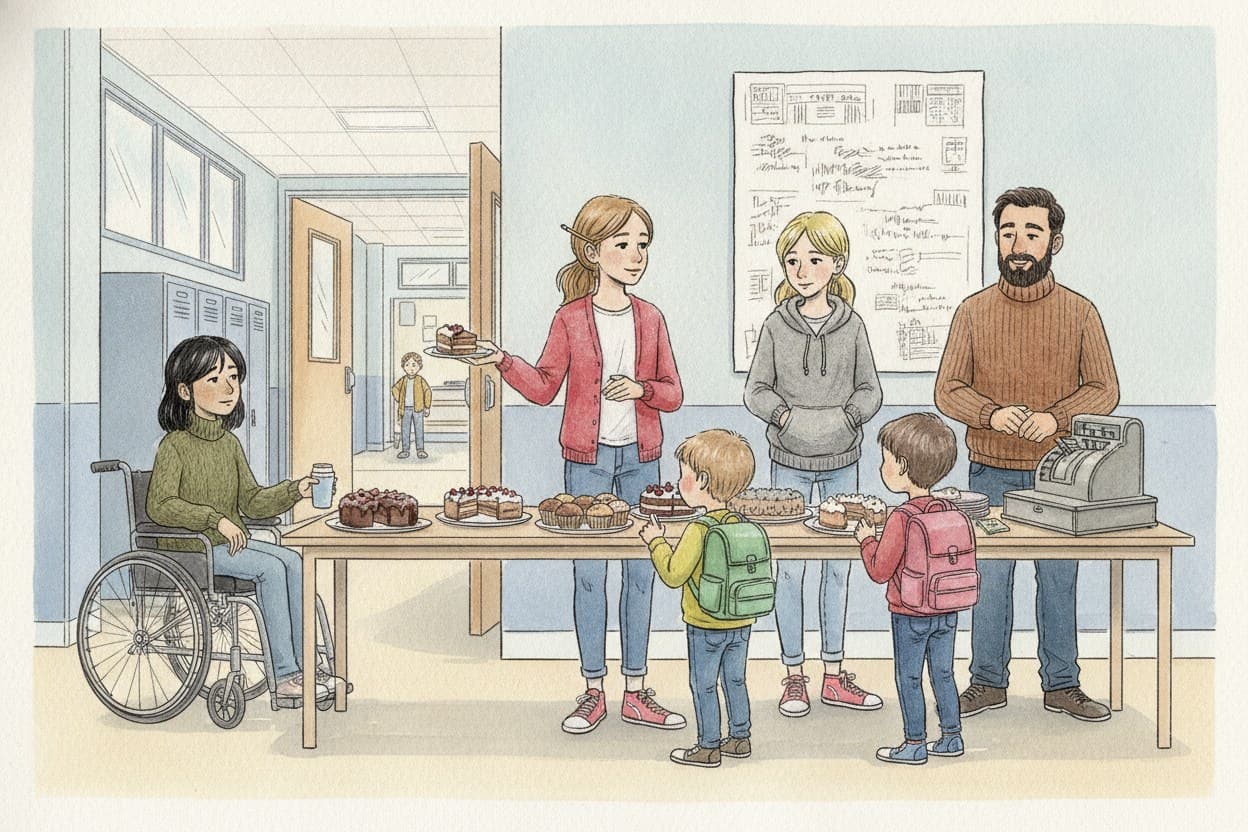 Schulflur mit Verkaufstisch, Jugendliche verkaufen Kuchen an jüngere Schüler, eine Kasse aus Blech.
