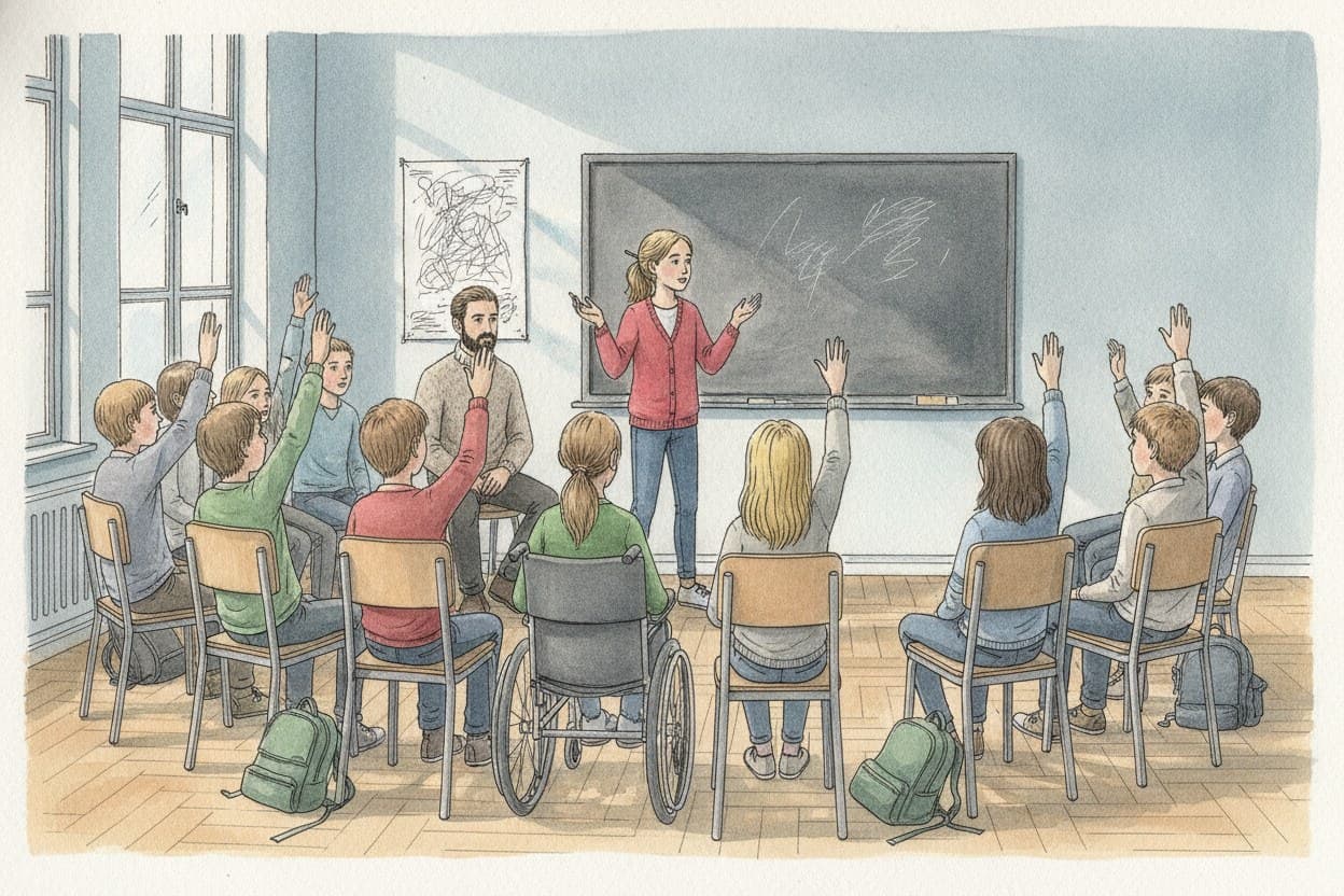 Stuhlkreis im Klassenraum, viele Hände in der Luft, eine Schülerin steht vorn an der Tafel.