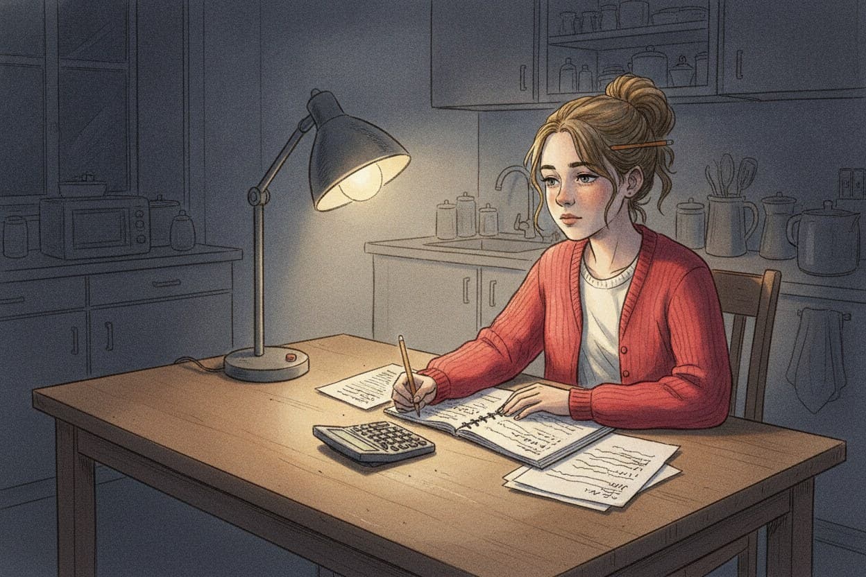 Schülerin allein am Küchentisch mit Taschenrechner und Buch, spätabends.