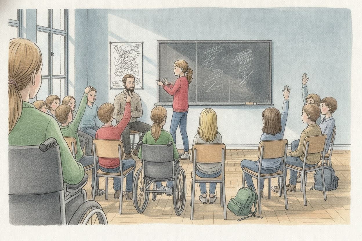 Klassenzimmer, eine Schülerin schreibt drei Varianten an die Tafel, im Vordergrund unscharf ein Rollstuhlreifen.