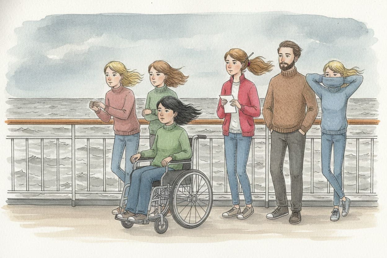Klassenfahrt: eine Gruppe Jugendlicher auf einer Fähre oder am Ufer, Wind, niemand steht am Rand.