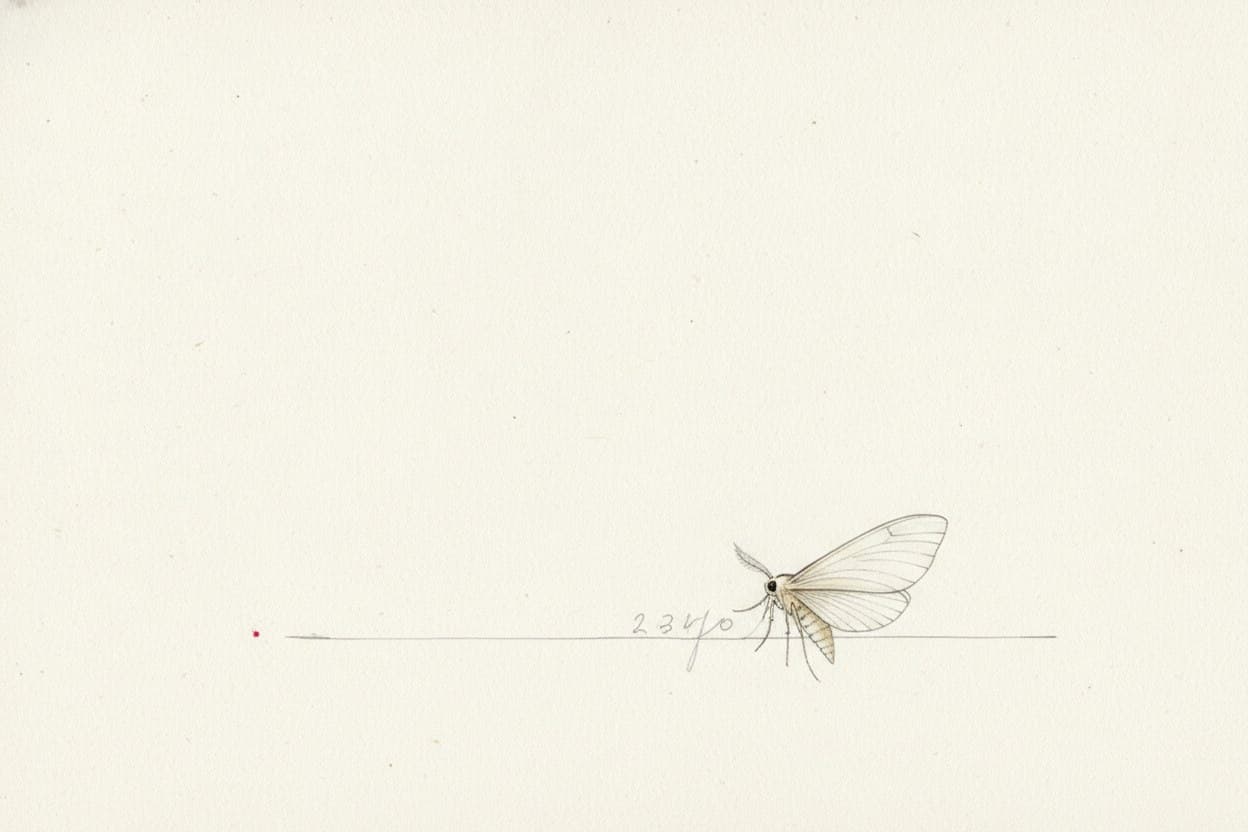 Sehr helle, fast leere Seite: ein Blatt Papier mit einer einzigen Zeile Zahlen und einem Bleistiftstrich darunter; auf dem Blatt sitzt ein blasser, fast weißer Falter.