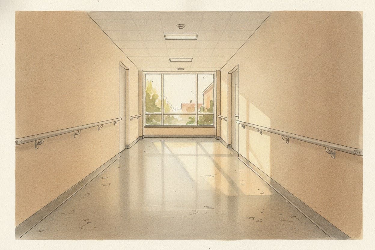 Flur eines Pflegeheims, Linoleum, Handlauf an der Wand, am Ende ein Fenster mit Nachmittagslicht.