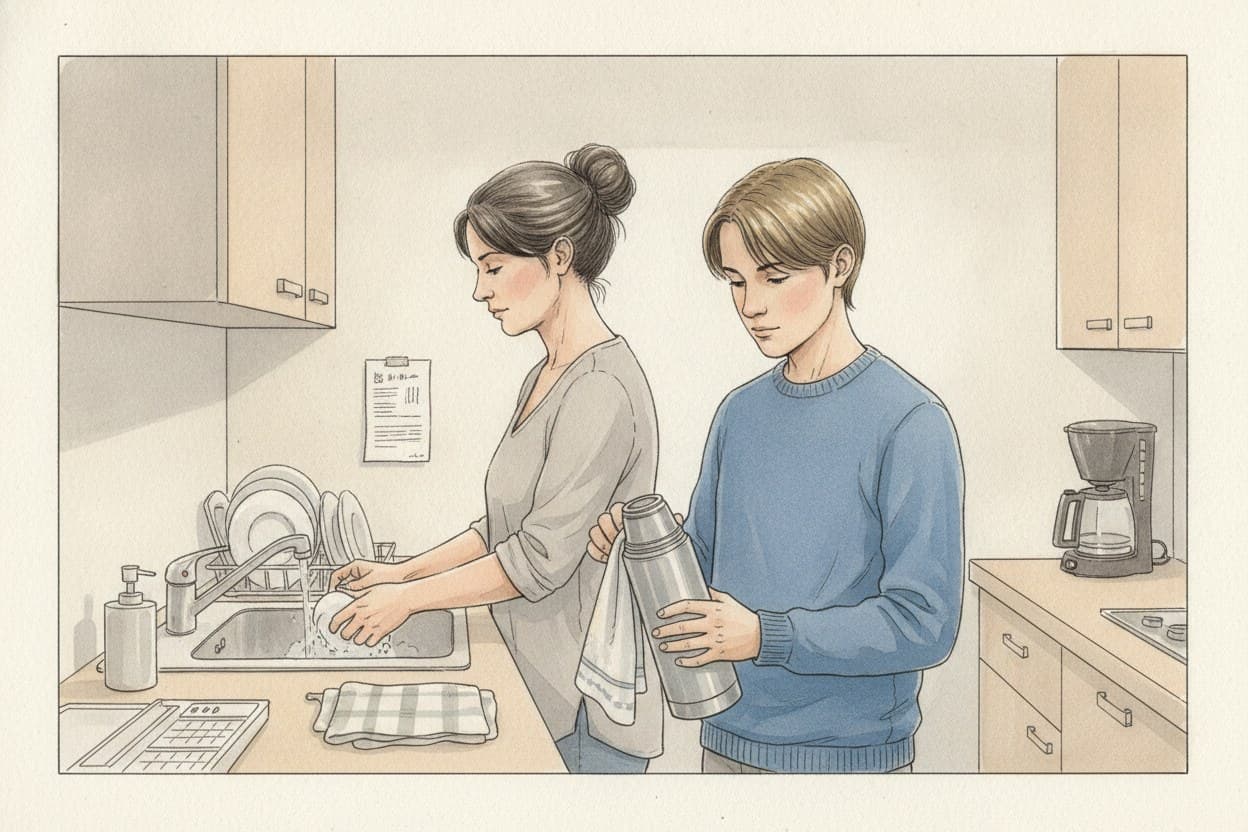 Küche zu Hause, Mutter und Sohn beim Abwasch, keiner sieht den anderen an.