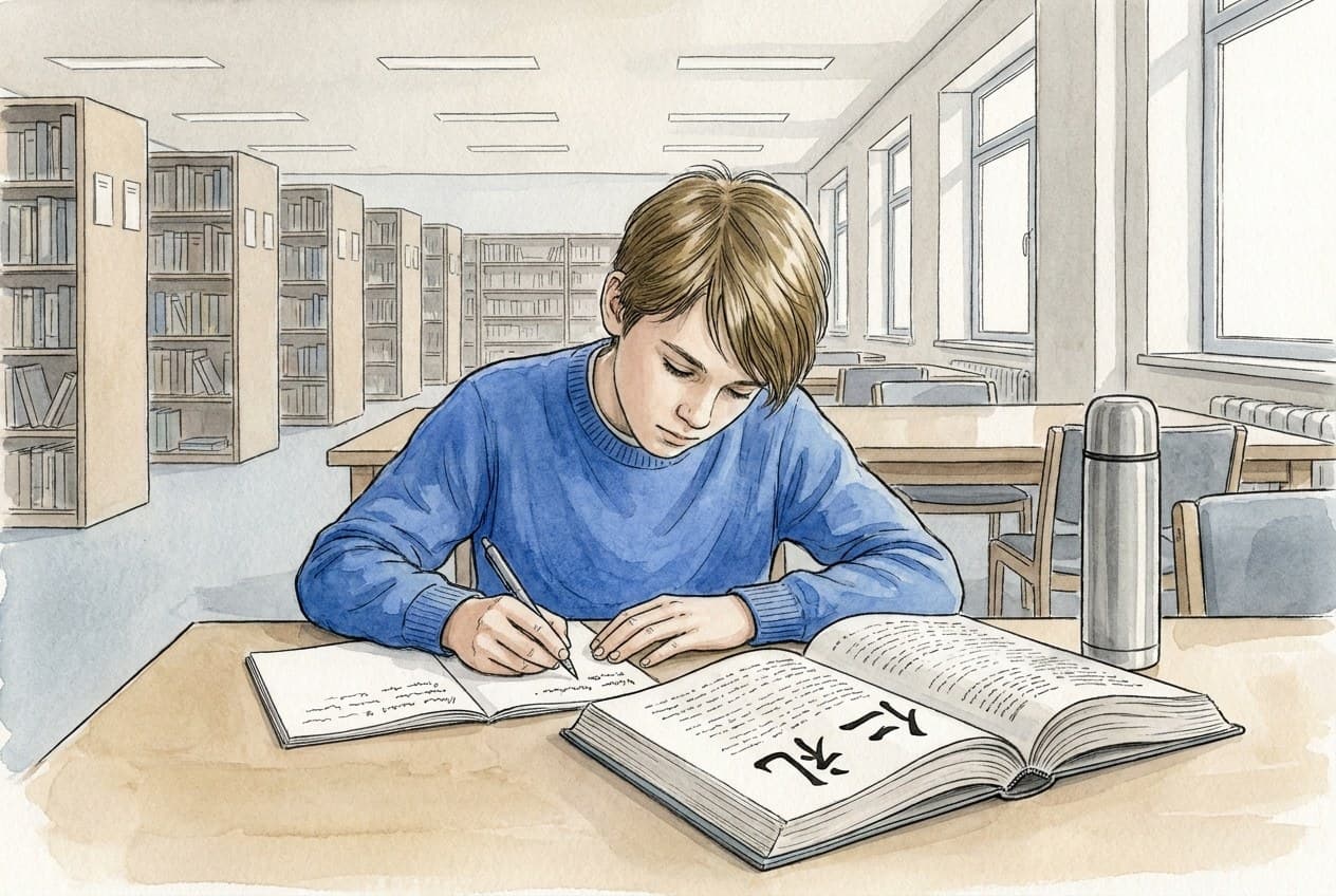 Schulbibliothek, ein Jugendlicher liest in einem Buch mit chinesischen Schriftzeichen am Rand und schreibt zwei Wörter ab.