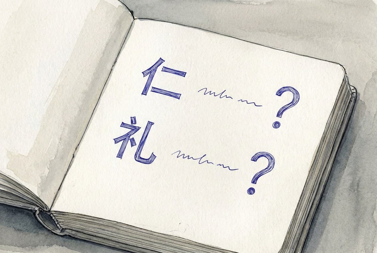Nahaufnahme eines Notizhefts: zwei chinesische Schriftzeichen abgemalt, daneben eine deutsche Übersetzung und ein Fragezeichen.