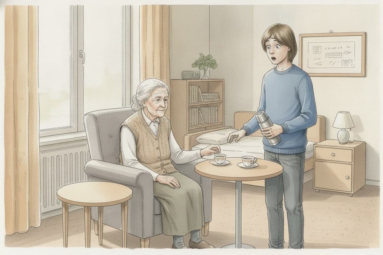 Ein Sonntagnachmittag im Heimzimmer: die alte Frau greift nach der Hand des Jugendlichen, er sieht überrascht auf.
