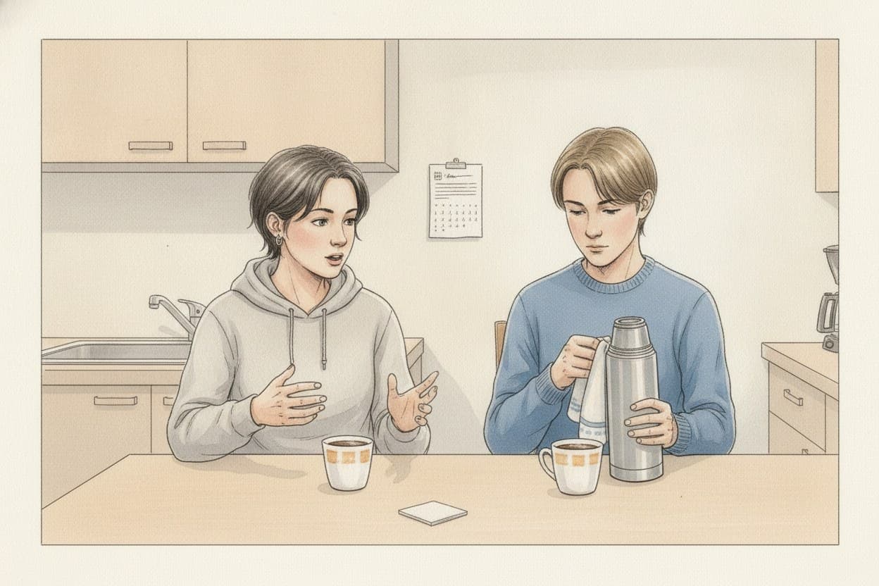 Zwei Jugendliche am Küchentisch bei Kaffee, das ältere Mädchen redet mit Nachdruck, der Junge hört zu.