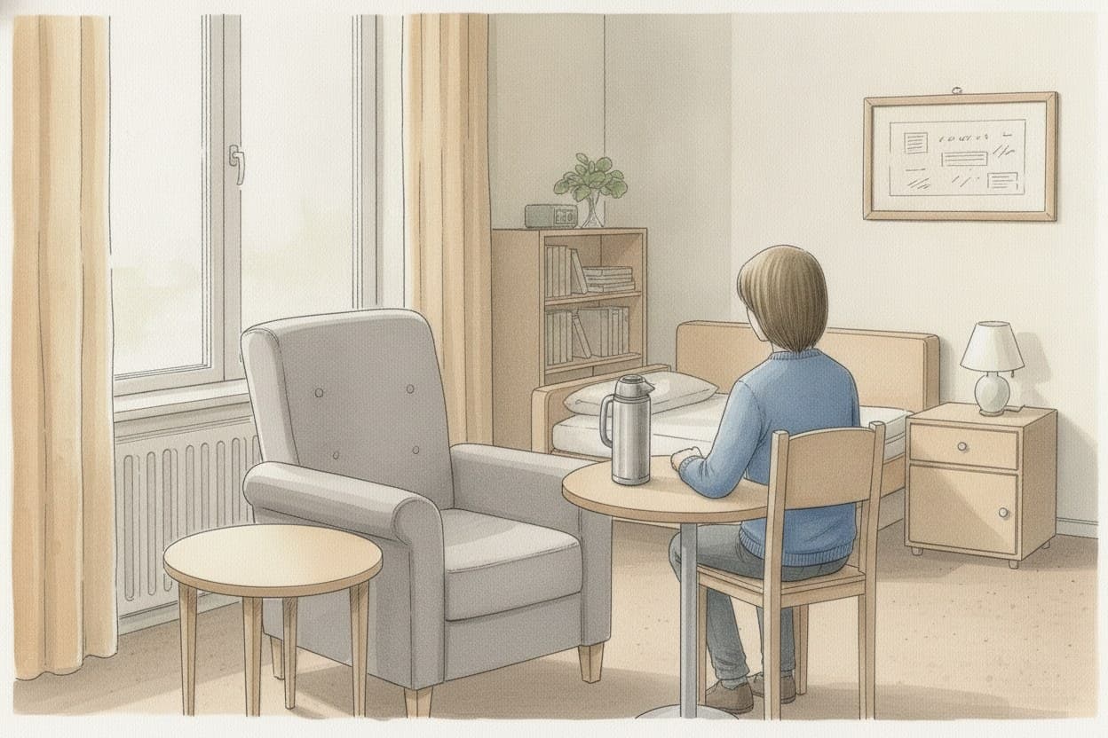 Ein Jugendlicher sitzt allein in einem leeren Heimzimmer, das Bett ist frisch bezogen, auf dem Tisch steht die Thermoskanne.