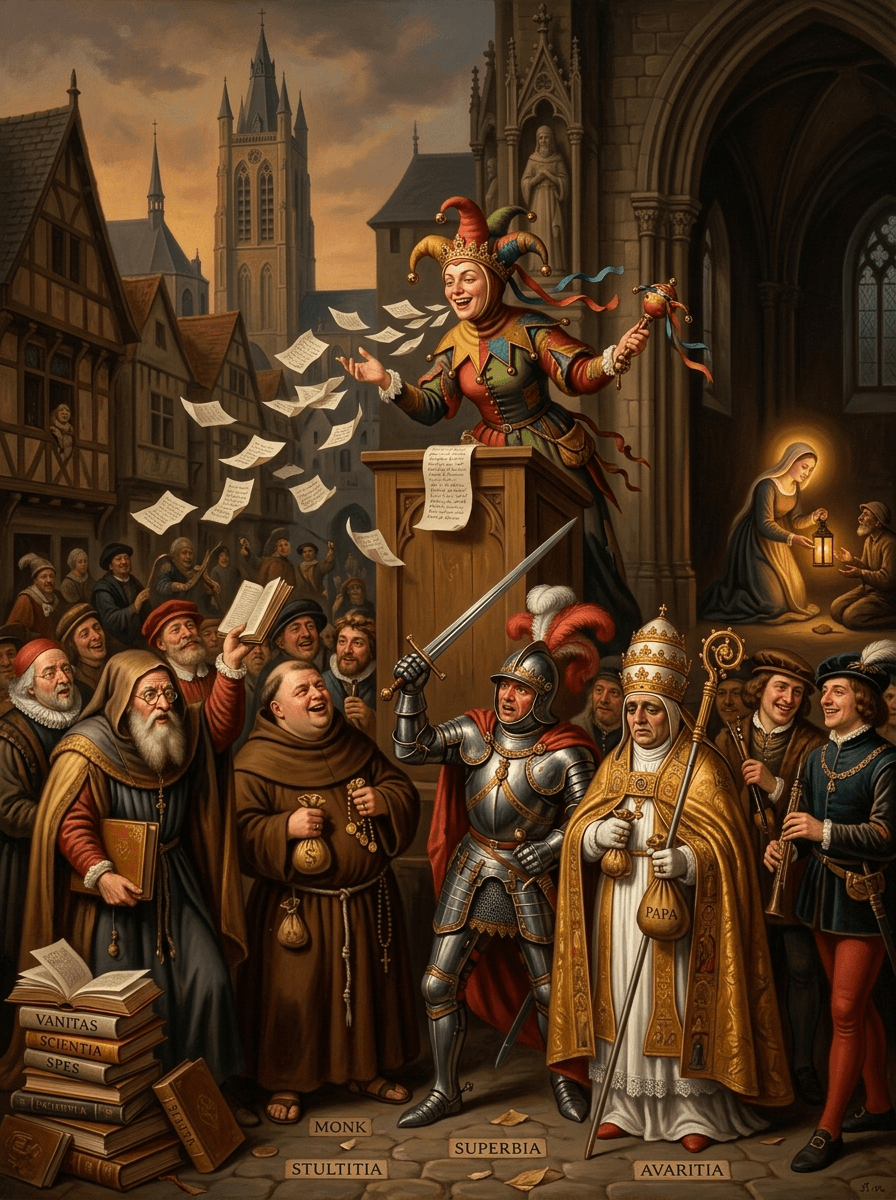 Die personifizierte Torheit hält ihre Lobrede – Illustration zum „Lob der Torheit“